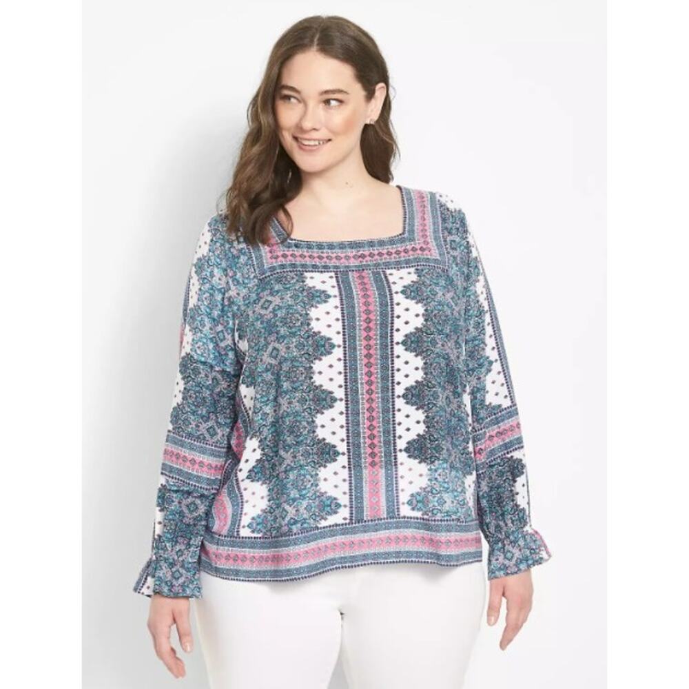 Lane Bryant Blouse Top Plus 18‎ Classic Long Sleeve Square Neck Boho Teal Pink